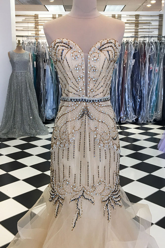 Champagne tulle sequin beads long prom dress, champagne evening dress