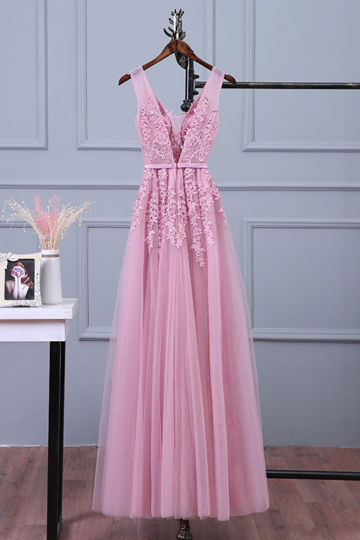 Pink v neck lace applique tulle long prom dress, pink bridesmaid dress dresstby Pink v neck lace applique tulle long prom dress, pink bridesmaid dress dresstby