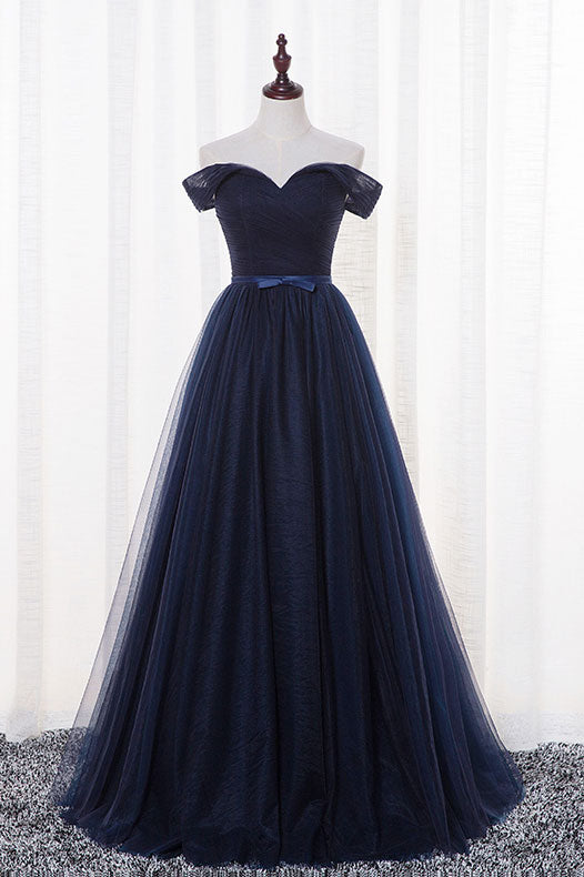 Simple dark blue tulle long prom dress, dark blue evening dress