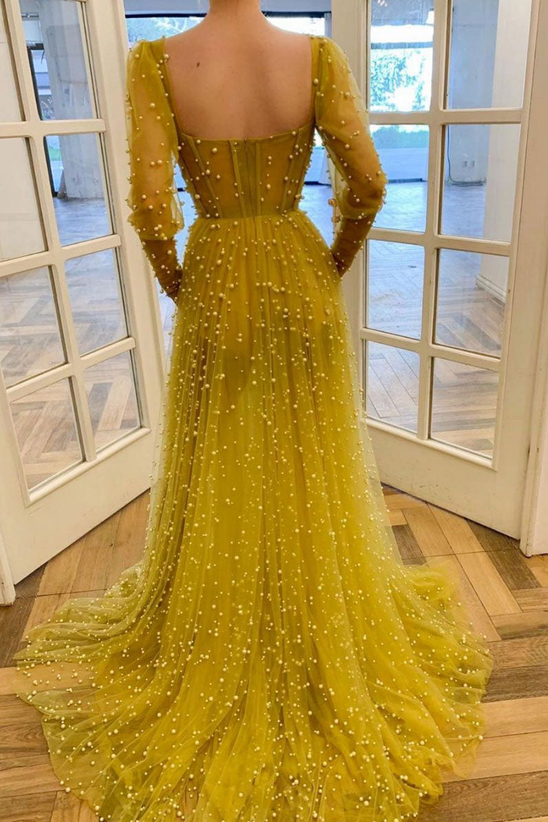 Yellow tulle beads long prom dress tulle long formal dress