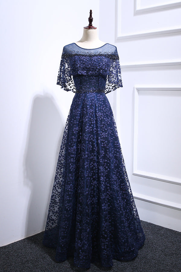 Dark blue tulle lace long prom dress, blue tulle evening dress