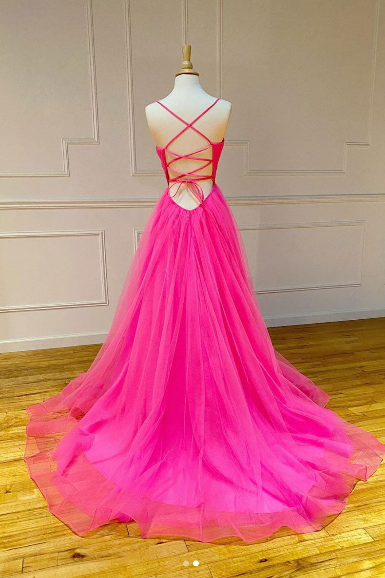 Pink sweetheart tulle long prom dress pink long evening dress