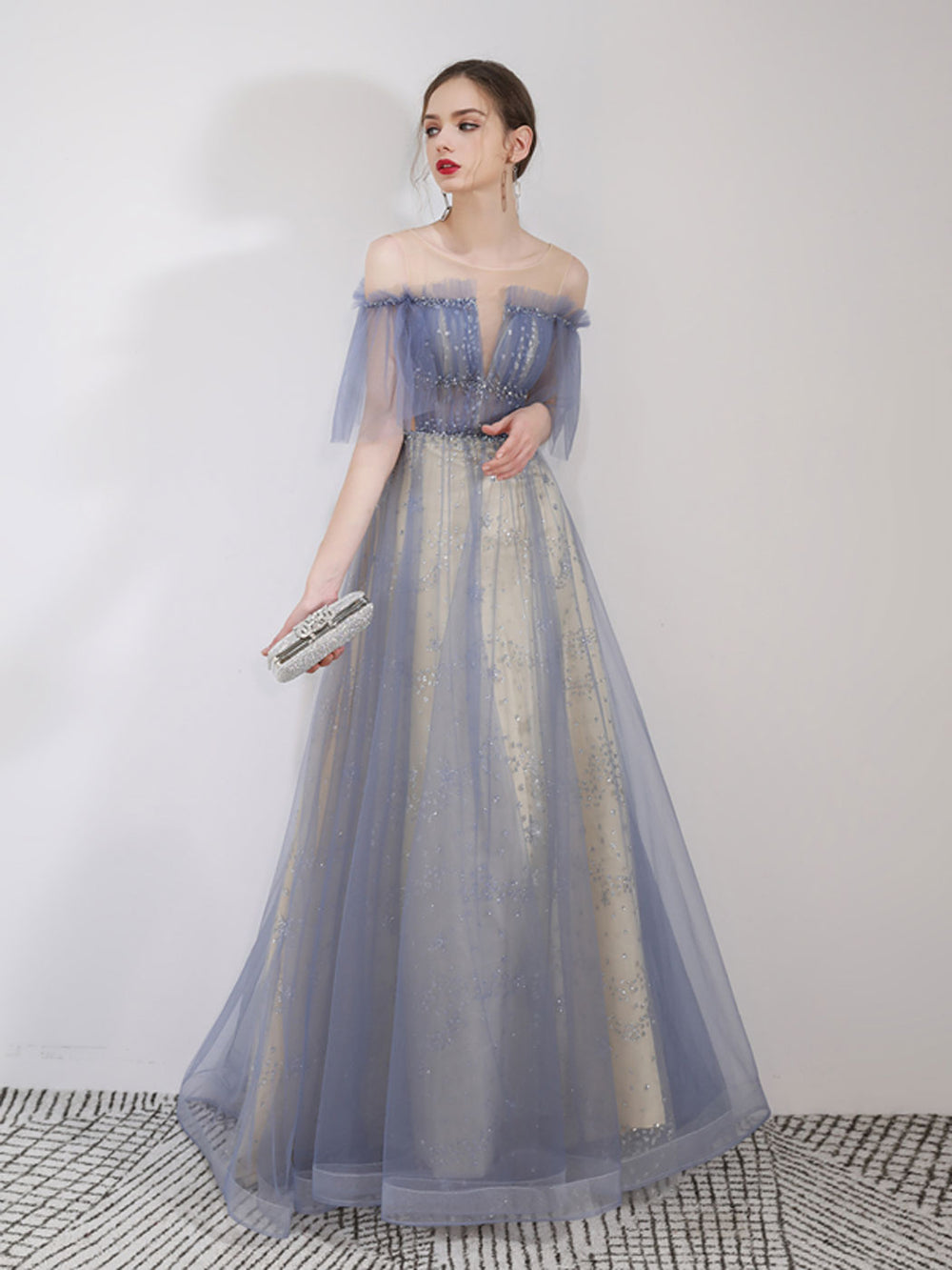 A-Line Tulle Blue Long Prom Dresses, Sequin Long Graduation Dress