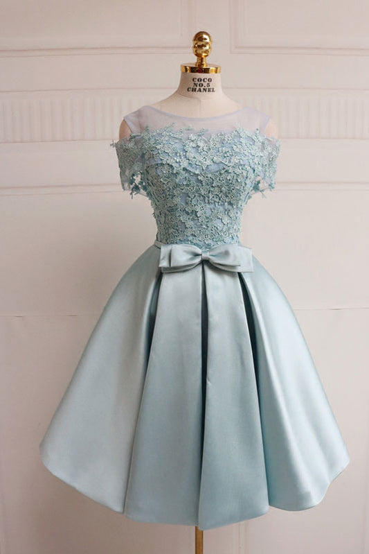 Blue lace short prom dress, blue lace bridesmaid dress