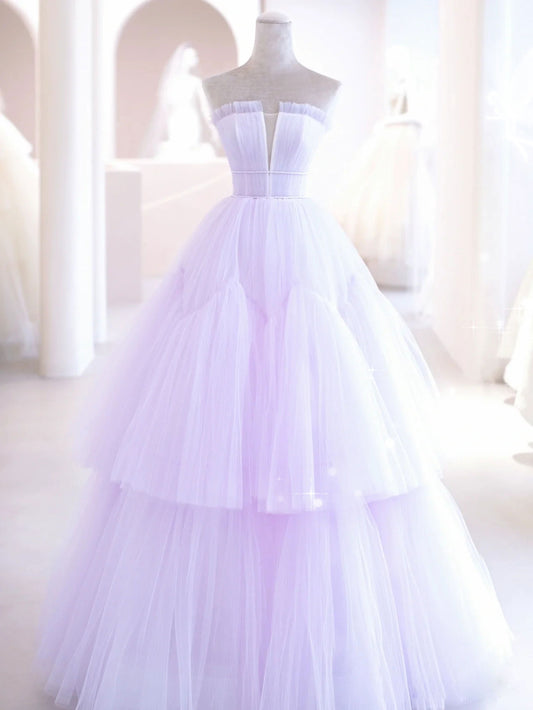 Purple A line tulle long prom dress, purple evening dress