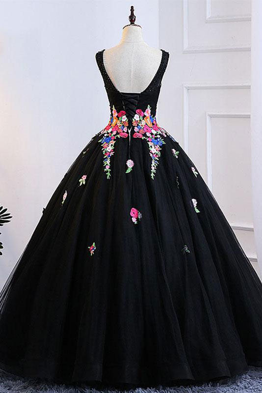 Black tulle lace long prom dress, black tulle formal dress