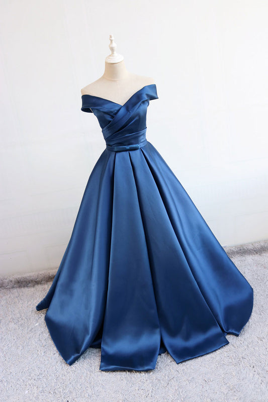 Blue v neck satin long prom dress, blue satin evening dress