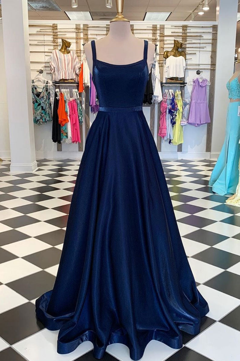 Dark blue long prom dress, simple blue evening dress