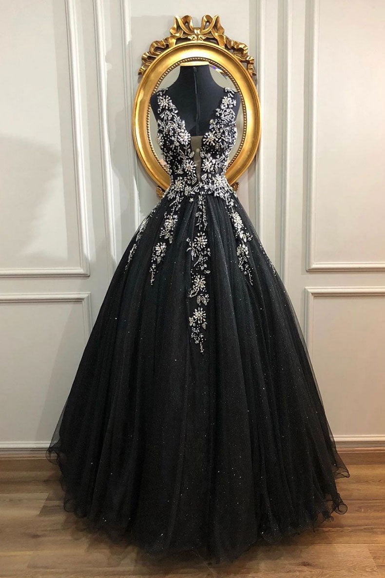 Black v neck tulle long prom dress, black tulle evening dress