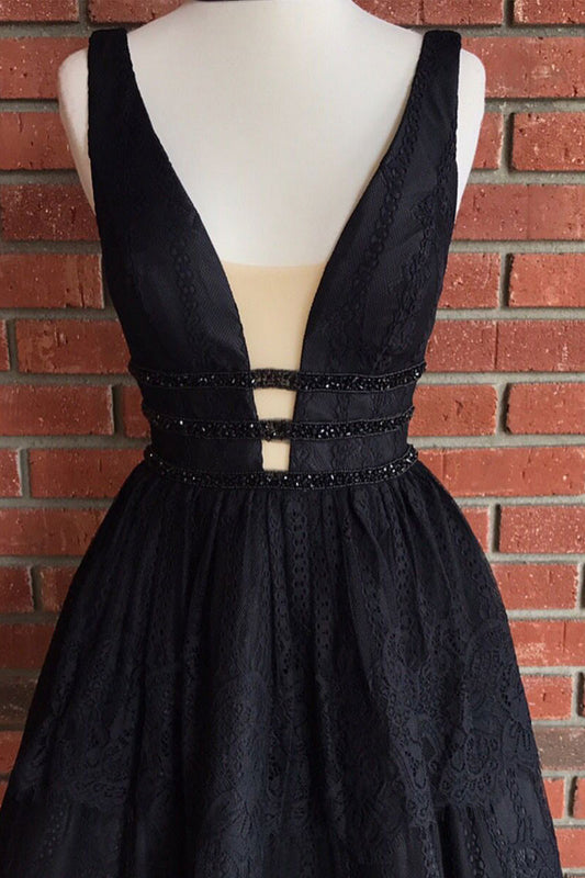 black v neck lace short prom dress, cute homecoming dress