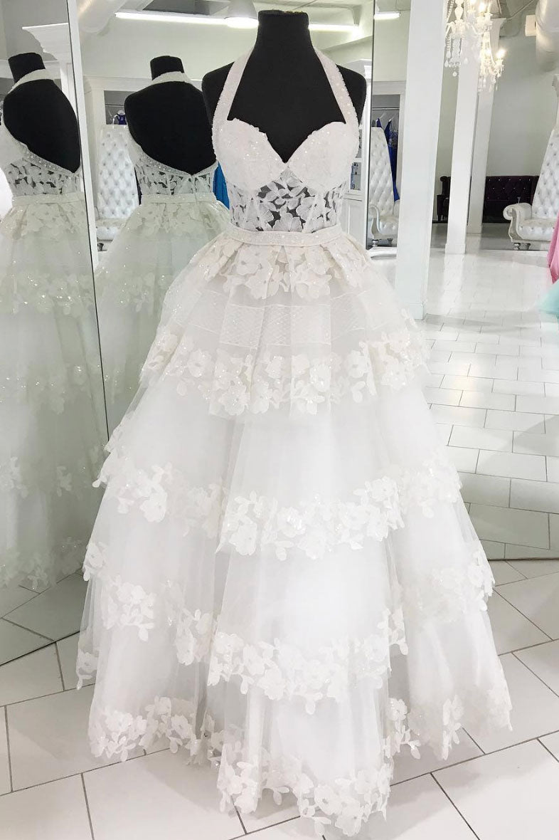 White sweetheart neck tulle lace applique long prom dress, white evening dress