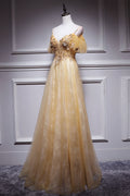 Champagne tulle lace long prom dress, champagne evening dress