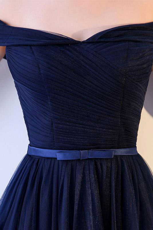 Simple sweetheart tulle dark blue long prom dress, blue bridesmaid dress