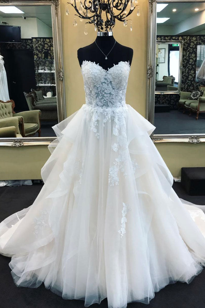 White sweetheart neck tulle lace long prom dress, wedding dress
