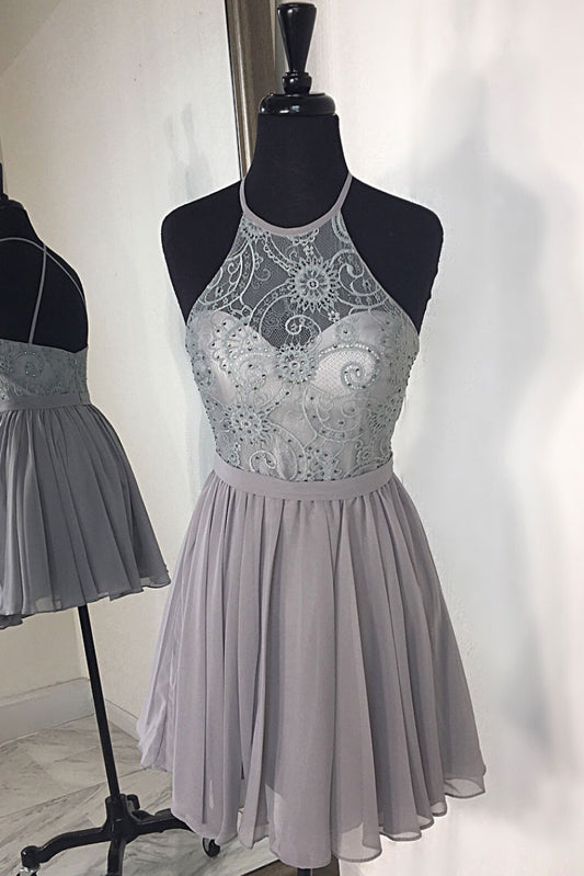 Gray high neck chiffon lace short prom dress, gray homecoming dress