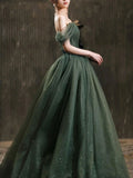 Simple green A line tulle off shoulder long prom dress, green evening dress