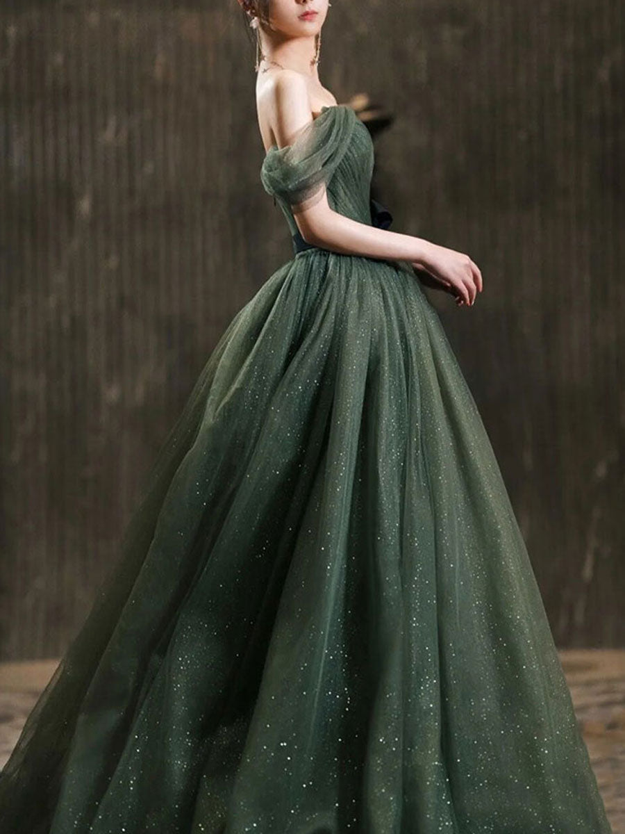 Simple green A line tulle off shoulder long prom dress, green evening dresstby Simple green A line tulle off shoulder long prom dress, green evening dresstby