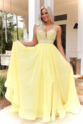 Yellow v neck chiffon beads long prom dress yellow formal dress