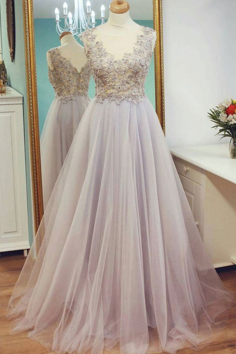 Unique lace tulle long prom dress, tulle lace evening dress