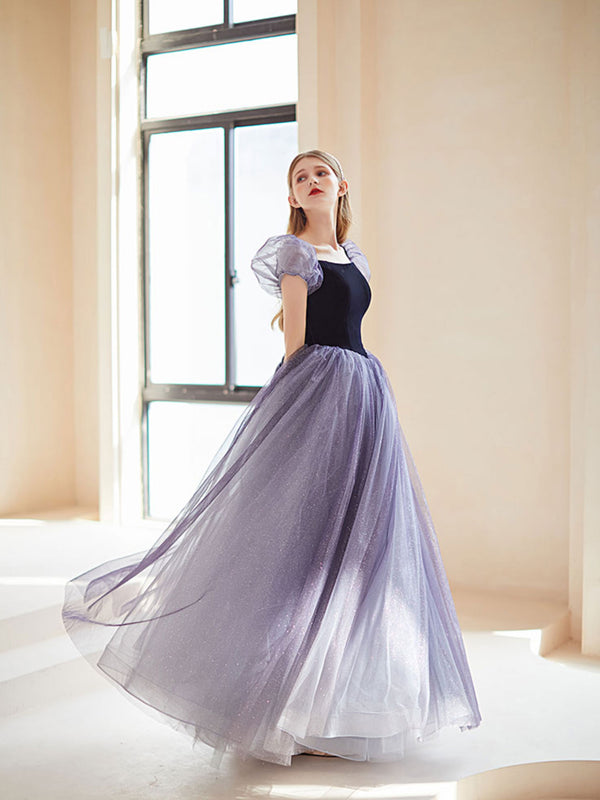 Simple purple tulle long prom dress, purple tulle evening dress