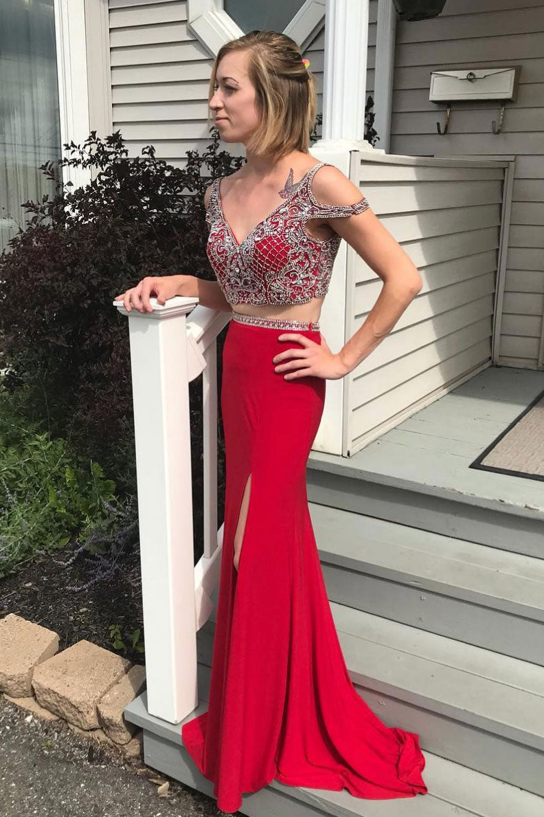 Red two pieces beads long prom dress, red evening dress
