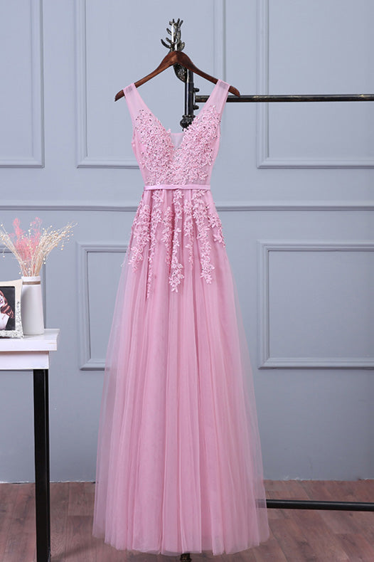 Pink v neck lace applique tulle long prom dress, pink bridesmaid dress
