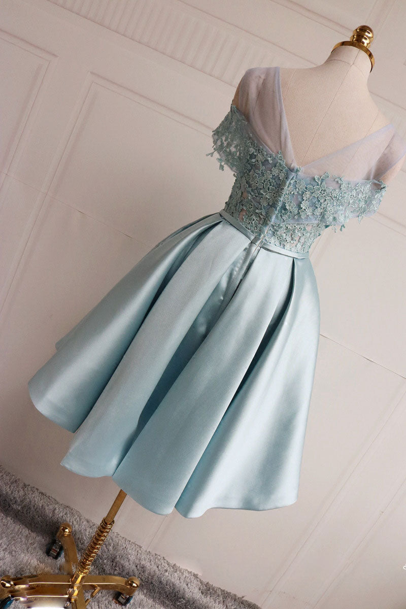Blue lace short prom dress, blue lace bridesmaid dress