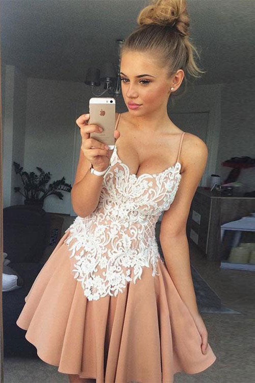 Champagne v neck lace short prom dress, champagne short homecoming dress