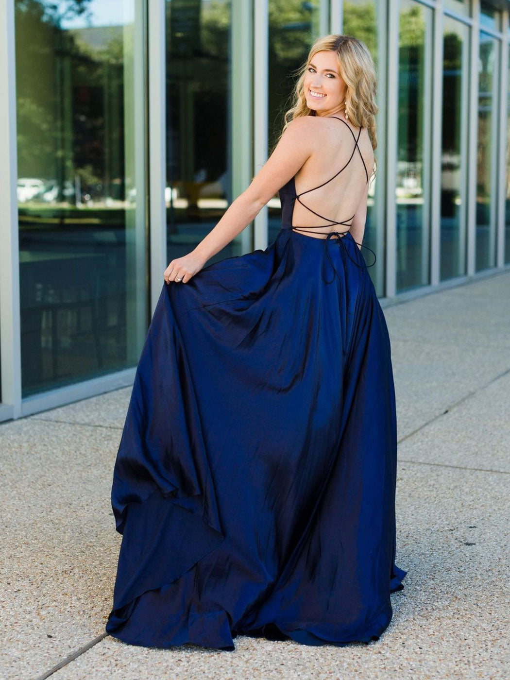 Simple blue satin long prom dress, blue backless evening dress