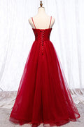 Burgundy tulle lace beads long prom dress, burgundy evening dress