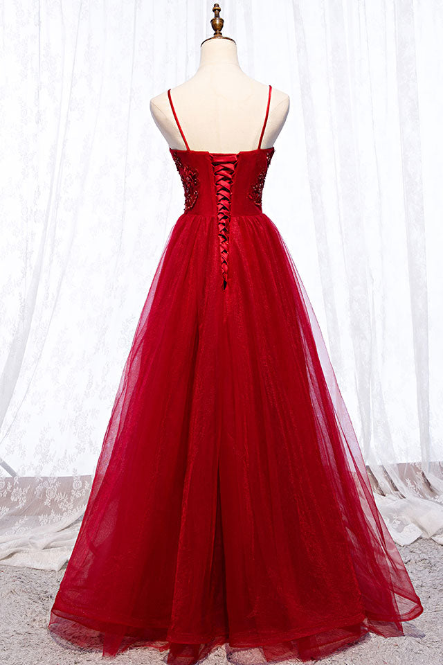Burgundy tulle lace beads long prom dress, burgundy evening dress dresstby Burgundy tulle lace beads long prom dress, burgundy evening dress dresstby