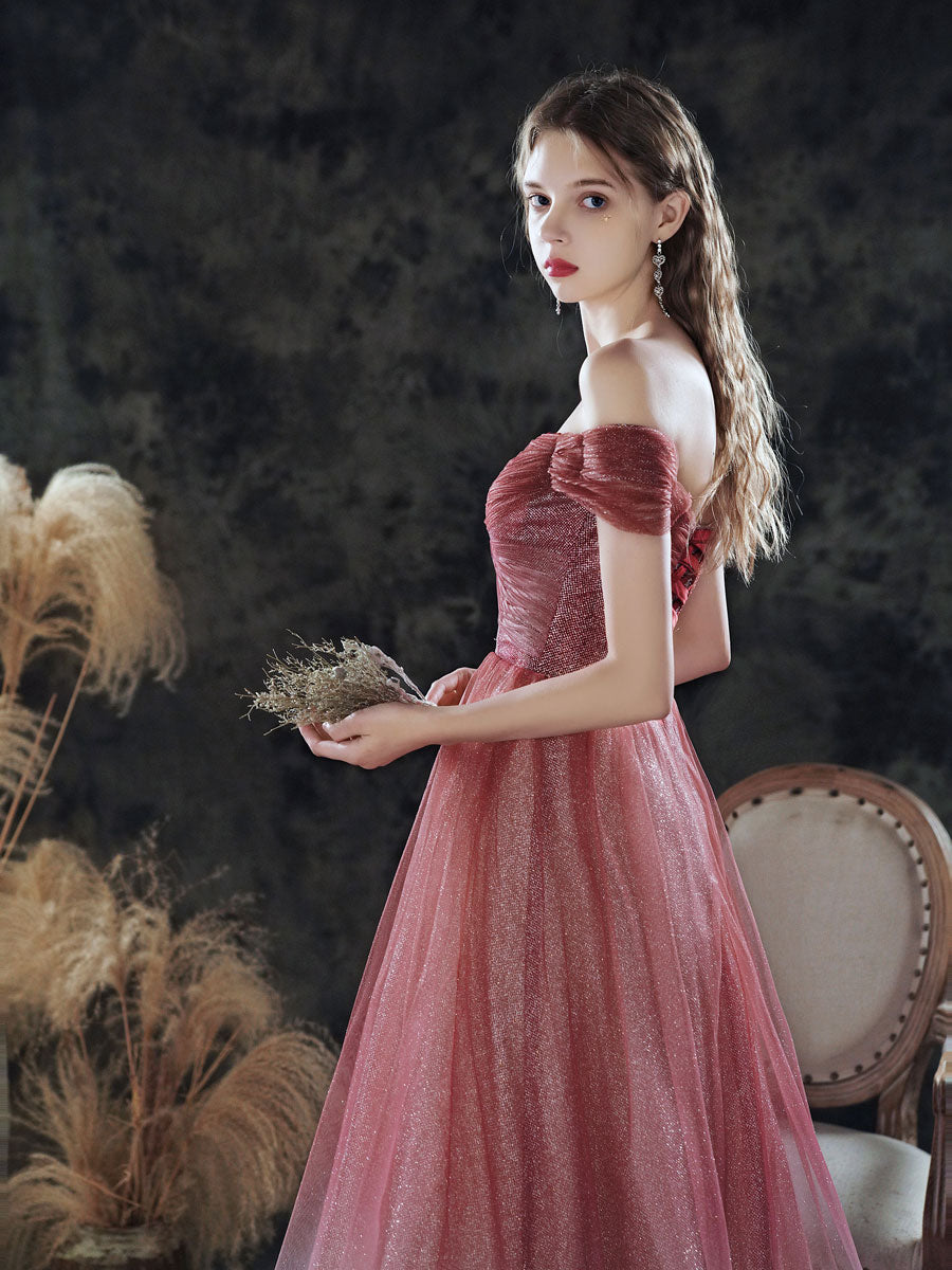 Burgundy sweetheart tulle sequin long prom dress, burgundy evening dress