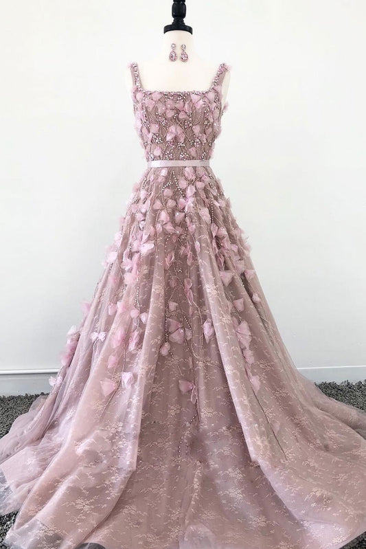 Unique pink tulle long prom dress, tulle evening dress