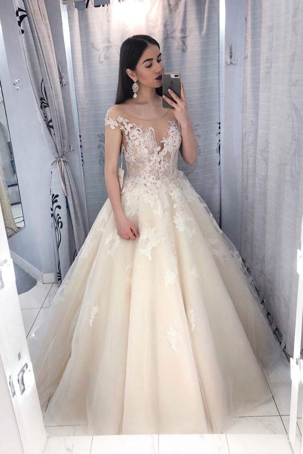 Champagne tulle lace long prom dress, lace tulle evening dress