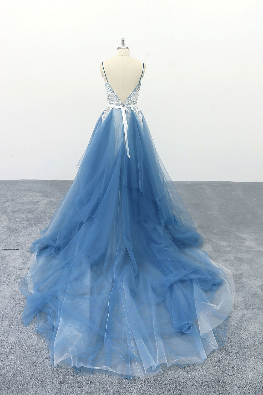 Blue v neck tulle lace long prom dress, blue lace evening dress
