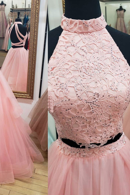 Pink two pieces lace tulle long prom dress, pink tulle evening dress