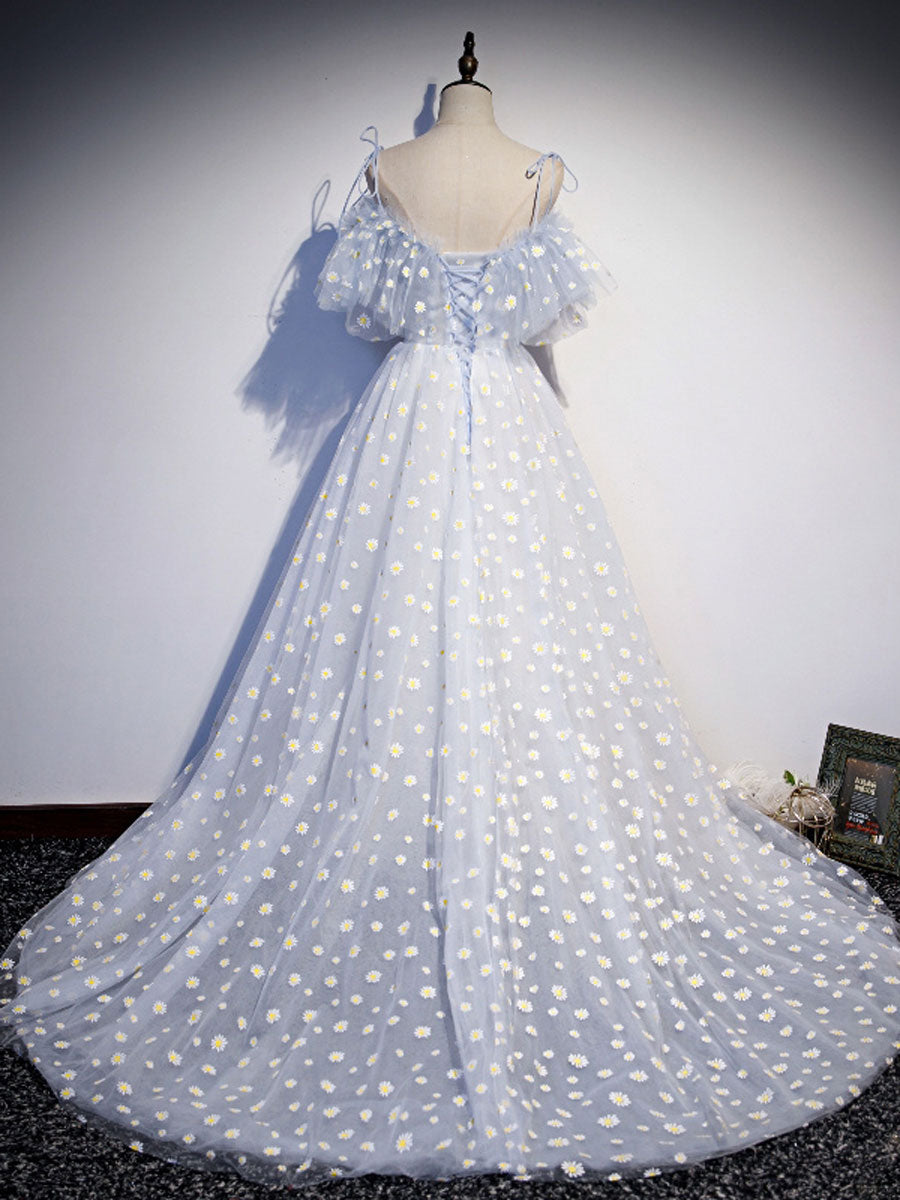 Blue sweetheart neck tulle long prom dress blue formal dress