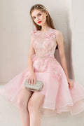 Pink tulle lace short prom dress, pink homecoming dress