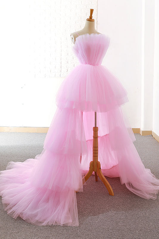 Pink tulle long prom dress, pink tulle evening dress