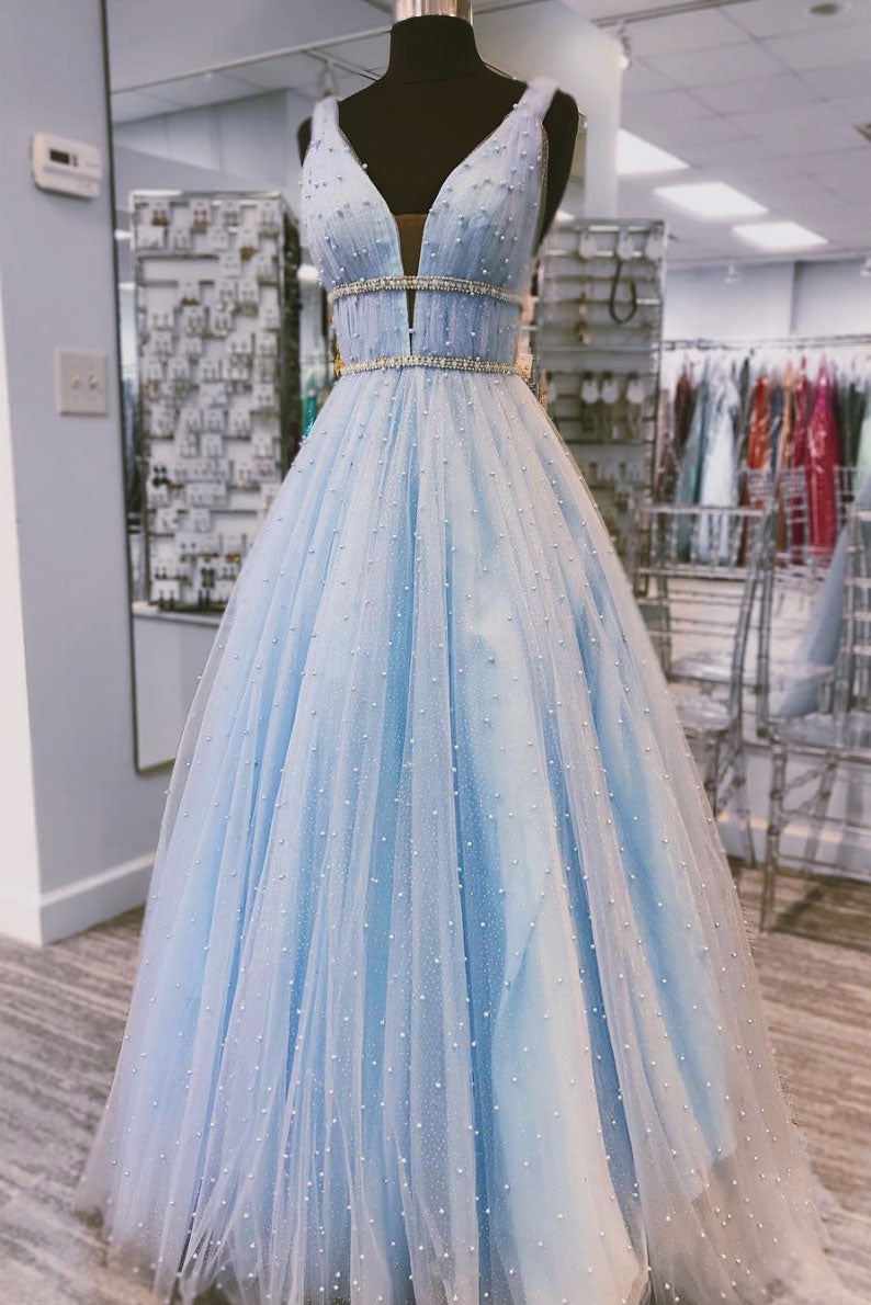 Blue v neck tulle long prom dress, blue tulle evening dress