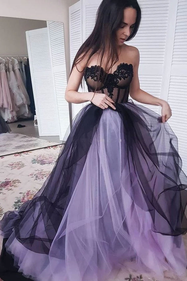 Purple sweetheart tulle long prom dress purple evening dress