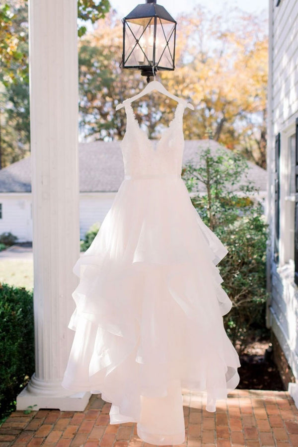 White v neck lace long prom dress, white lace wedding dress