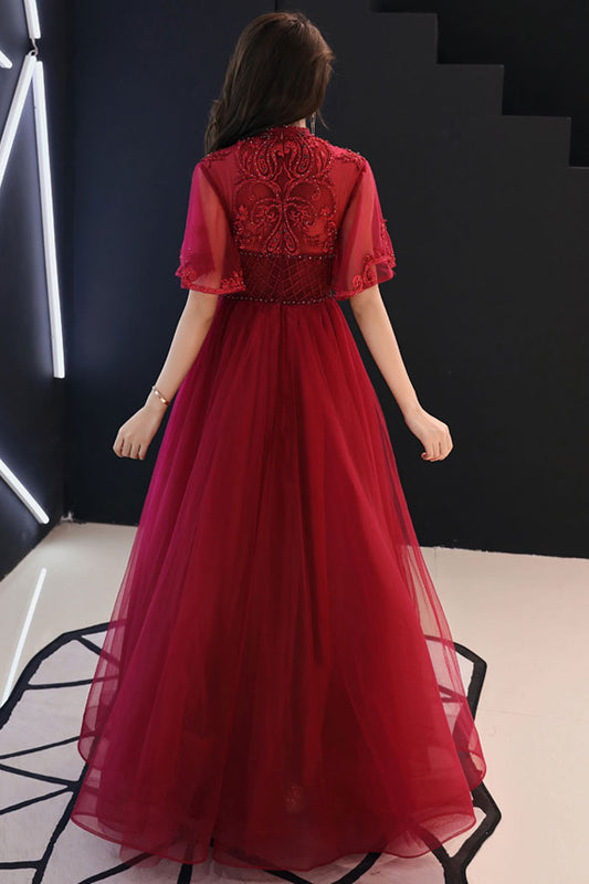 Unique burgundy tulle lace long prom dress burgundy evening dress
