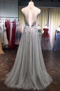 Gray tulle lace beads long prom dress, gray tulle evening dress