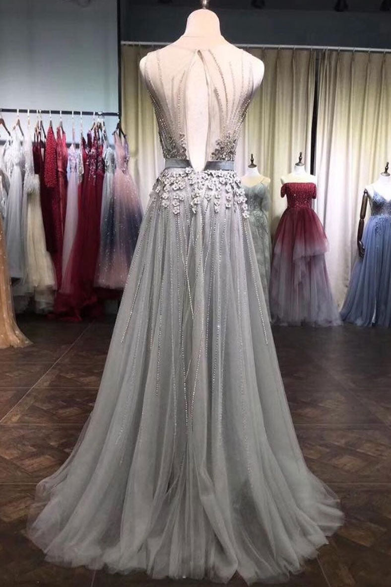 Gray tulle lace beads long prom dress, gray tulle evening dress