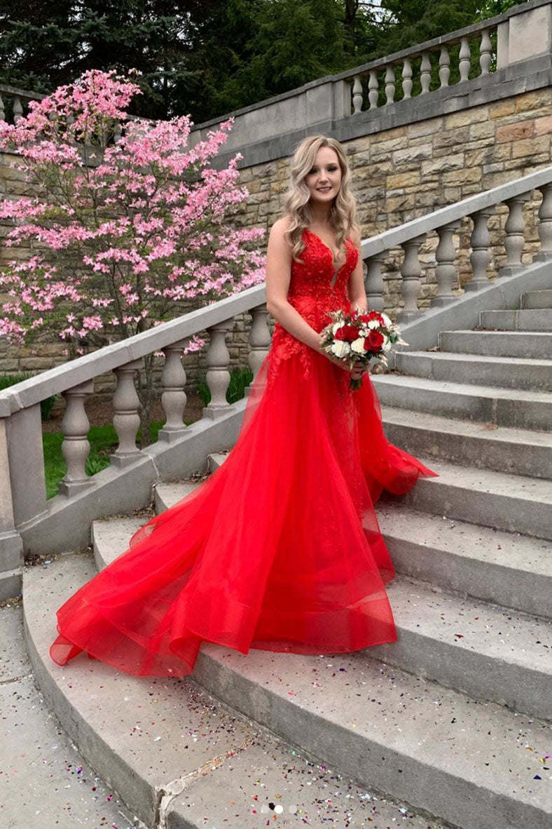 Red v neck tulle lace long prom dress red lace long evening dress
