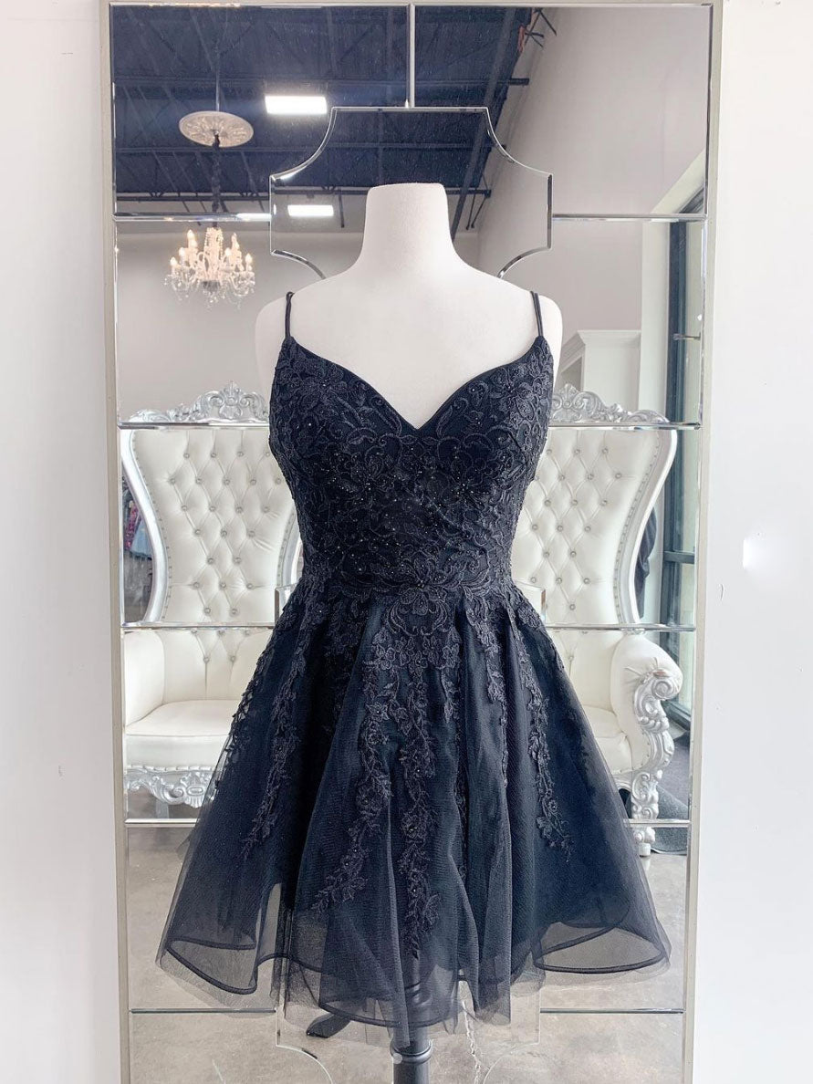 Black tulle lace applique beads short prom dress black homecoming dress