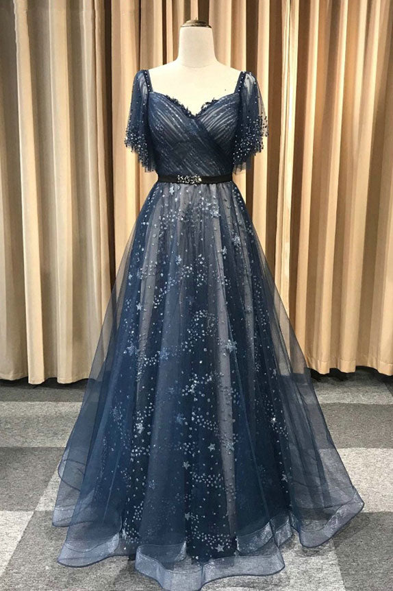 Dark blue tulle long prom dress, blue tulle evening dress