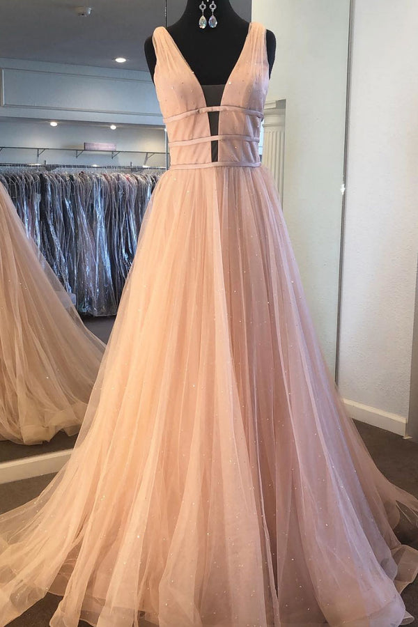 Simple v neck tulle long prom dress, tulle formal dress