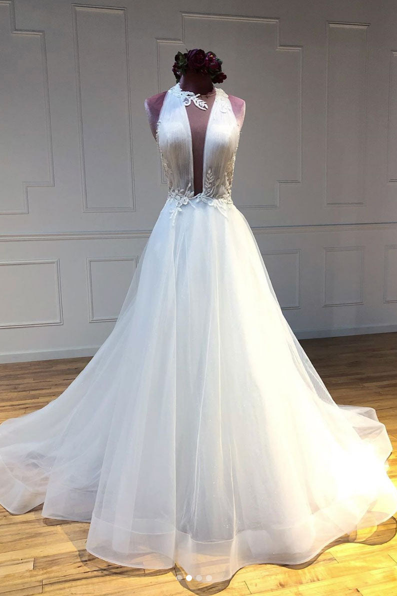 Unique white tulle long prom dress tulle long evening dress